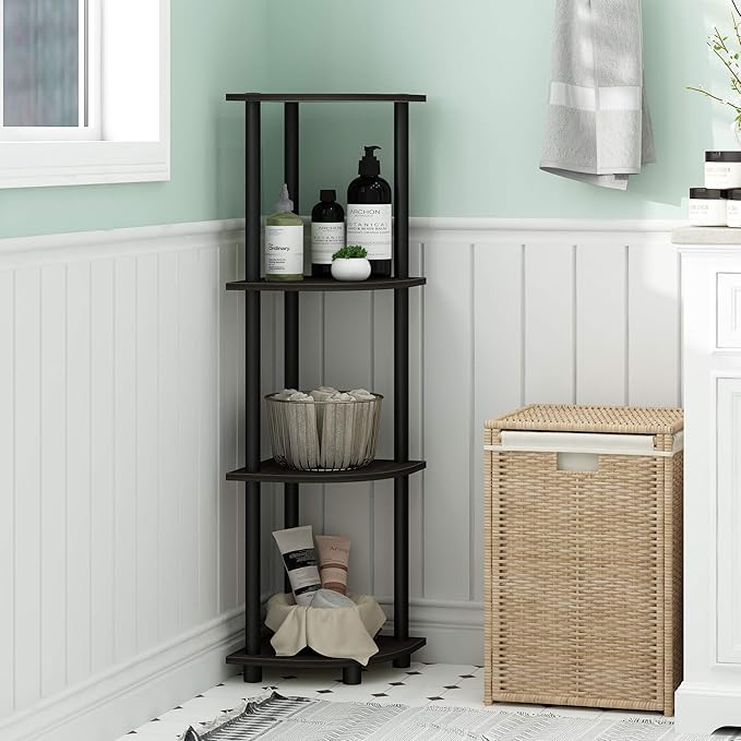 Furinno TURN-N-TUBE Corner Shelf, 4-Tier Corner Bookshelf, Display Storage Shelves with Open Shelves, for Organization and Storage, Living Room, Home Office, Garage, Espresso