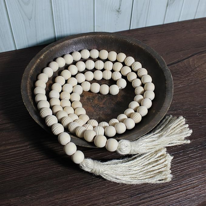 Farmhouse Decor Beads 60in Wooden Bead Garland with Tassels Rustic Minimalist Home Accent Prayer Country Boho Decoration for Wall Hanging Living Room Table Mantle Shelf Decor (Natural-style2)