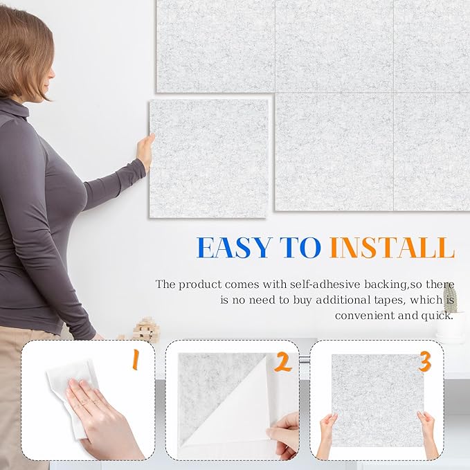 DOLLAR BOSS Felt Cork Board Tiles, 6 Packs 12" x 12" 1/2" Thick Cork Bulletin Board Self Adhesive Corkboards for Walls with 60 Pushpins for Home Office Kitchen School Decor Display, Light Grey