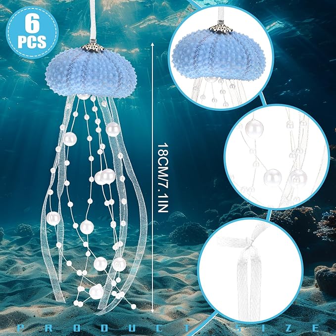 Namalu 6 Pcs Sea Urchin Jellyfish Christmas Ornament Coastal Beaded Beach Theme Holiday Decor Ocean Inspired Hanging Jellyfish Decoration with Crystal and Ribbon (Pearl Blue)