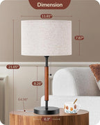 EDISHINE Mid Century Table Lamp, Pull Chain Switch Bedside Lamp with Linen Shade, Solid Wood Pole & Black Metal Base, Modern Nightstand Lamp for Bedroom, Living Room, Office, E26 Base