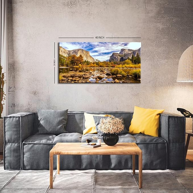 Yosemite Valley Mountain Wall Art Panorama of National Park Canvas Prints Nature Landscape Pictures Wall Decor Fall Stream Forest Painting Artwork for Living Room Bedroom Office Home Decorations