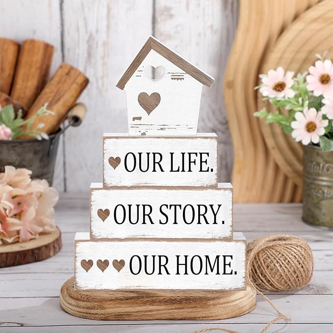 Cinnvoice 4 Pcs Farmhouse Tabletop Decor Rustic Family Blessed Home Table Centerpiece This Is Us Sign for Kitchen Shelf Desk Fireplace Mantel Tiered Tray Decor(Distressed Our Life Story Home)
