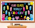 Summer Bulletin Board Decorations Set June Our Class Totally Crocin' Clsssroom Decor Smile Face Groovy Retro Colorful Shoe Charms Paper Cutouts for Back to School Chalkboard Wall Door Teacher Supplies