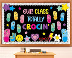 Summer Bulletin Board Decorations Set June Our Class Totally Crocin' Clsssroom Decor Smile Face Groovy Retro Colorful Shoe Charms Paper Cutouts for Back to School Chalkboard Wall Door Teacher Supplies