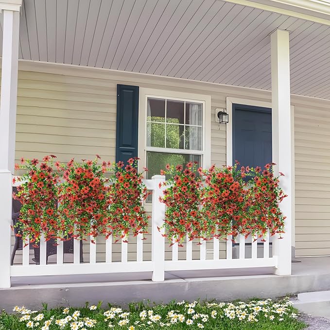 Artificial Hanging Flowers for Outdoors, 2 Pcs Fake Hanging Plant Spring Summer Decoration, UV Resistant No Fade Faux Flower for Porch Patio Yard Window Home Decor(Red Brown)