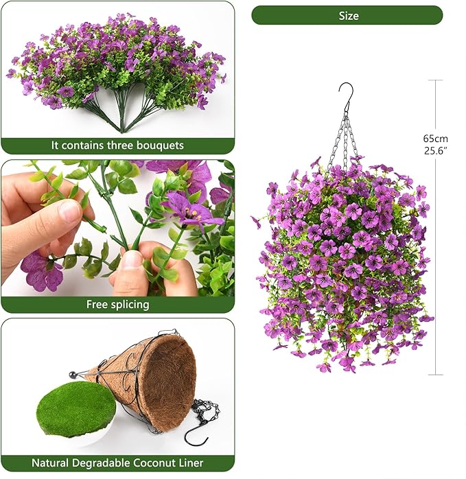 Homsunny Artificial Fake Hanging Plants Flowers Baskets for Outdoor Outside Spring Decor,Faux Silk Daisy UV Resistant Look Real Summer Decorations for Home Porch Patio Yard Garden(Purple