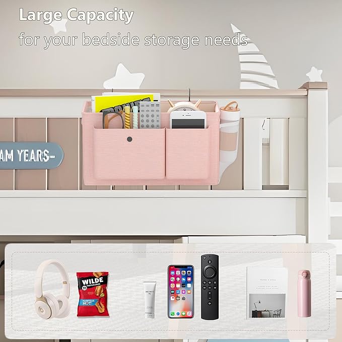 Edudif Bedside Caddy Bedside Organizer with Fixed Straps & Water Bottle Holder, Bunk Bed Caddy ideal for Home, Dorm, Hospital, Crib, Versatile Bedside Storage Solution