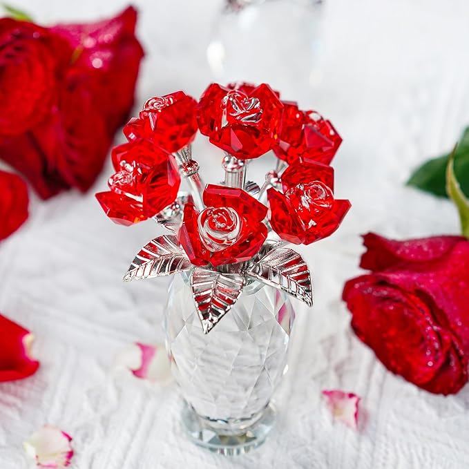 Red Crystal Rose Flower Figurine with Base,Glass Flower Bouquet Gifts for Women Girlfriend Wife,Handmade Crystal Flower Collectible Home Table Decor for Christmas Day Wedding Anniversary