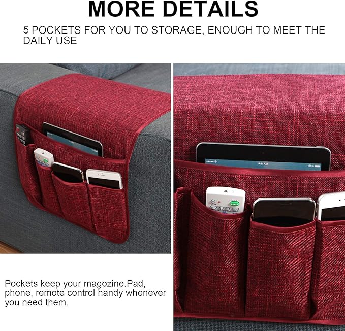 Sofa Armrest Organizer Non-Slip Remote Control Holders for Recliner Couch Chair Armchair Caddy with 5 Pockets for Table,Cell Phone,Ipad,Magazines,Books (Winered, 13 x 35 Inch)