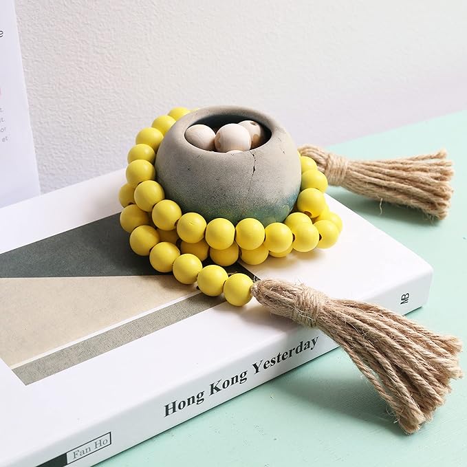 Meplait 39in Wood Bead Garland Farmhouse with Tassels,Versatile Prayer Beads Boho Chic Wall Hanging Home Decor (Yellow