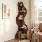 YOWOS Modern Corner Shelf, 5 Tier High Corner Bookshelf for Small Spaces, Scalloped Corner Bookshelf and Storage, Wooden Display Stand for Plants, Books and Decorations (Walnut)