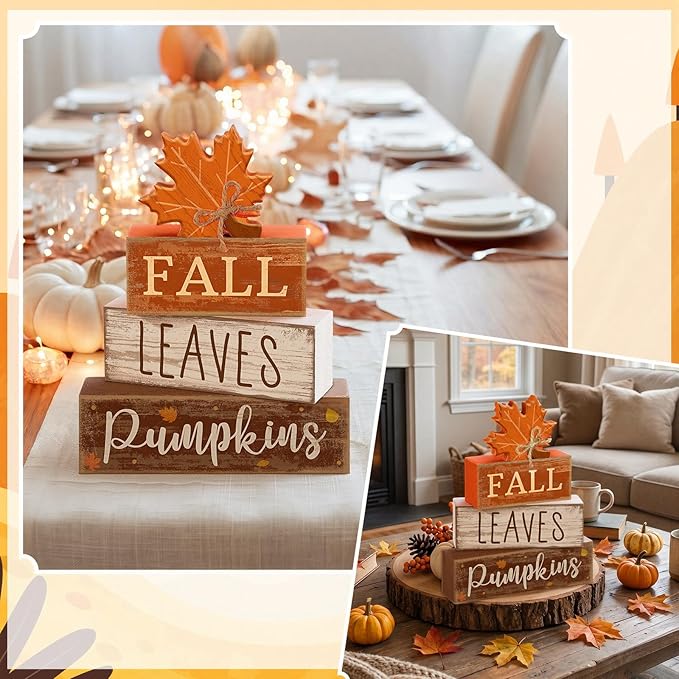 Lineshading 4 Pcs Fall Decoration for Home Wooden Maple Leaf Thanksgiving Table Centerpiece Rustic Thanksgiving Tiered Tray Decor Decorative Fall Leaves Block Signs Farmhouse Autumn Decor for Kitchen