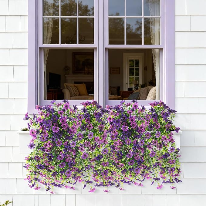 Artificial Hanging Flowers for Outdoors, 2 Pcs Fake Hanging Plant Spring Summer Decoration, UV Resistant No Fade Faux Flower for Porch Patio Yard Window Home Decor(Double Purple)