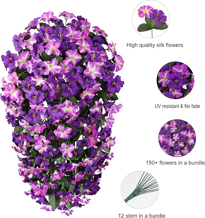 HyeFlora Artificial Flowers for Outdoors, 2pcs Faux Hanging Morning Glory Silk Fake Flowers Lifelike Artificial Plants UV Resistant Flowers for Outside Planter Patio Garden Porch Decor (Rose red)