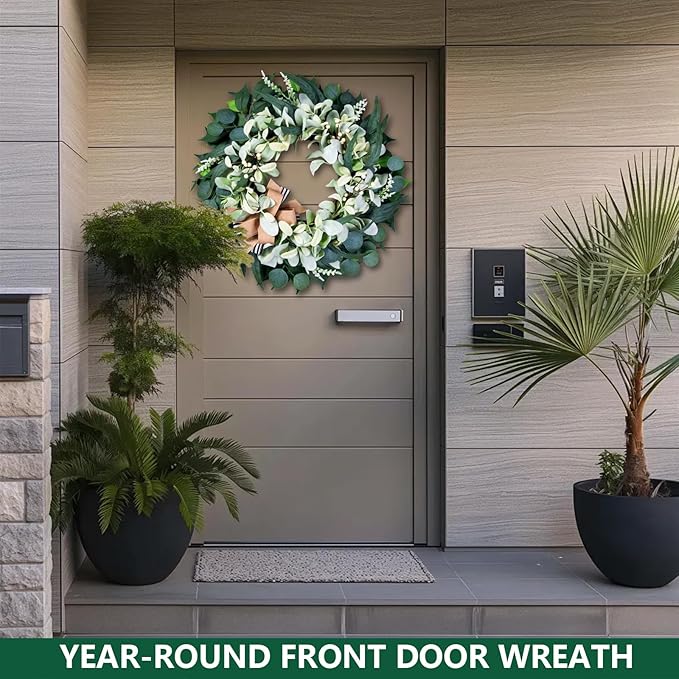Artificial Wreaths for Front Door Year Round, 20-22" Green Eucalyptus Spring Summer Wreath with Lamb’s Ear Willow Ficus Leaves Bow, Modern Farmhouse Home Decor Porch Indoor Outdoor
