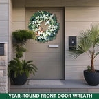 Artificial Wreaths for Front Door Year Round, 20-22" Green Eucalyptus Spring Summer Wreath with Lamb’s Ear Willow Ficus Leaves Bow, Modern Farmhouse Home Decor Porch Indoor Outdoor