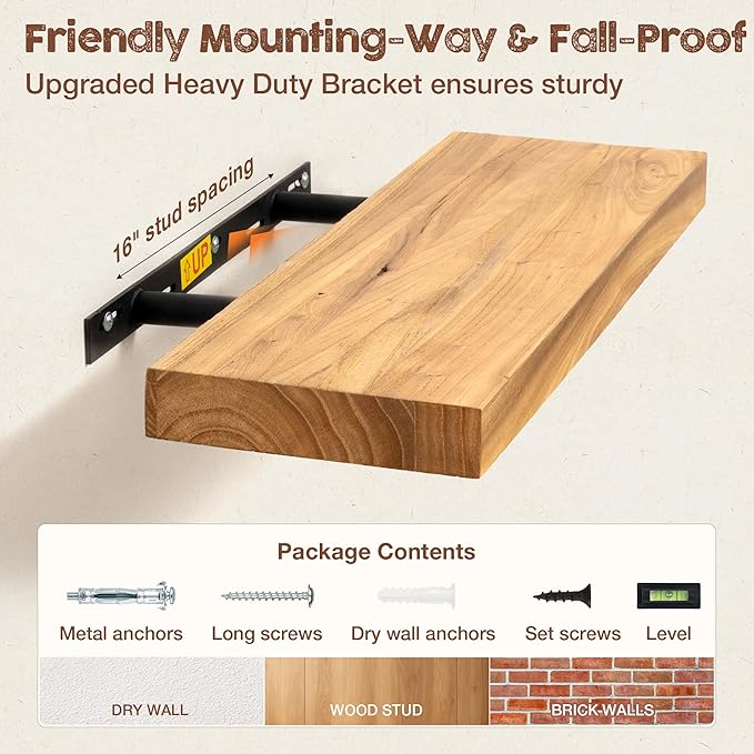 fuqing Floating Shelves for Wall, 30 inch Rustic Solid Elm Wood Floating Shelves, Wooden Wall Shelves with Invisible Heavy Duty Brackets for Living Room, Bedroom, Kitchen, Bathroom, 2 Pack, Natural