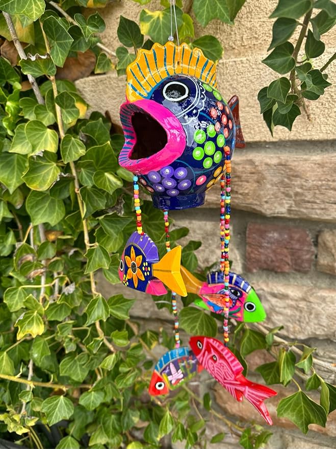 Handmade Mexican Pottery Fish Mobile - Vibrant Colors, 6x6 Inches with 15-Inch Dangling Fish