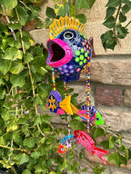 Handmade Mexican Pottery Fish Mobile - Vibrant Colors, 6x6 Inches with 15-Inch Dangling Fish