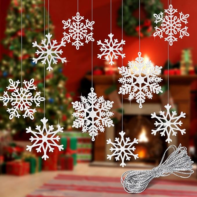 Whaline 40Pcs Silver Glitter Snowflake Winter Snowflake Ornaments Christmas Hanging Decorations with 197 Inches Silver Rope for Wedding Birthday Home Xmas Tree Window Door Accessories