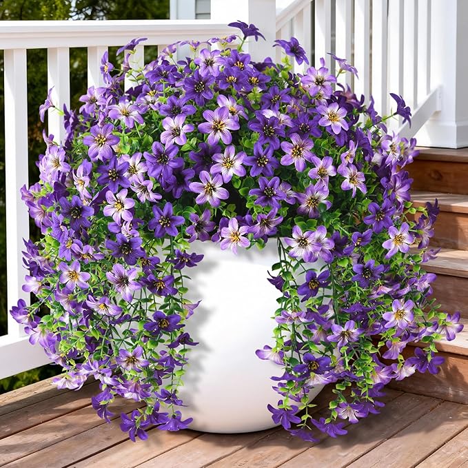 Artificial Flowers for Outdoors, 2 Pcs Fake Hanging Flowers Plants Outdoors Spring Summer Decoration, UV Resistant Faux Flower for Outdoor Planters Porch Patio Yard Window Home Decor(Gradient Purple)