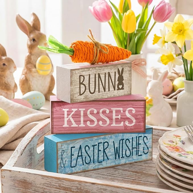 Moucuny 4 Pcs Easter Table Decoration Wooden Block Carrot Decor Easter Tiered Tray Decoration Cute Bunny Centerpiece Rustic Carrot Sign Gift for Holy Week Kitchen, Party, Entryway Fireplace Decor