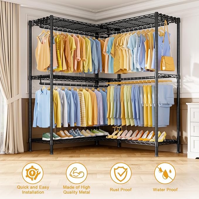 E15 Pro Garment Rack L Shaped Clothes Rack for Corner，Freestanding Clothing Racks for Hanging Clothes，Heavy Duty Closet System with 4 Hanging Rods & 8 S Hooks，48.8"W x 15.8"D x 78.4"H，Black