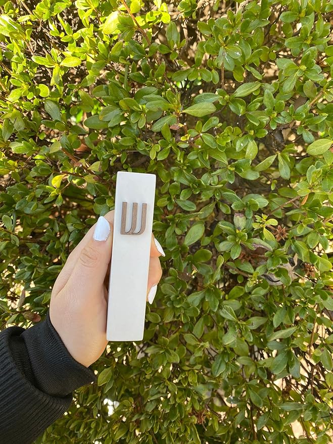 A&S Mezuzot Modern Concrete Mezuzah Case with Scroll, Easy Peel and Stick Mezuza (Ivory+ Wood Shin, 5 Inches)