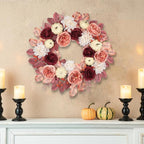 24 Inch Fall Wreaths for Front Door Outside Autumn Silk Flower Wreath with White Artificial Pumpkins, Peony, Rose & Leaves – Fall Door Wreath for Outdoor Indoor Thanksgiving Decor Pink and Burgundy
