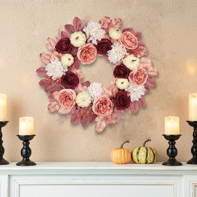 24 Inch Fall Wreaths for Front Door Outside Autumn Silk Flower Wreath with White Artificial Pumpkins, Peony, Rose & Leaves – Fall Door Wreath for Outdoor Indoor Thanksgiving Decor Pink and Burgundy