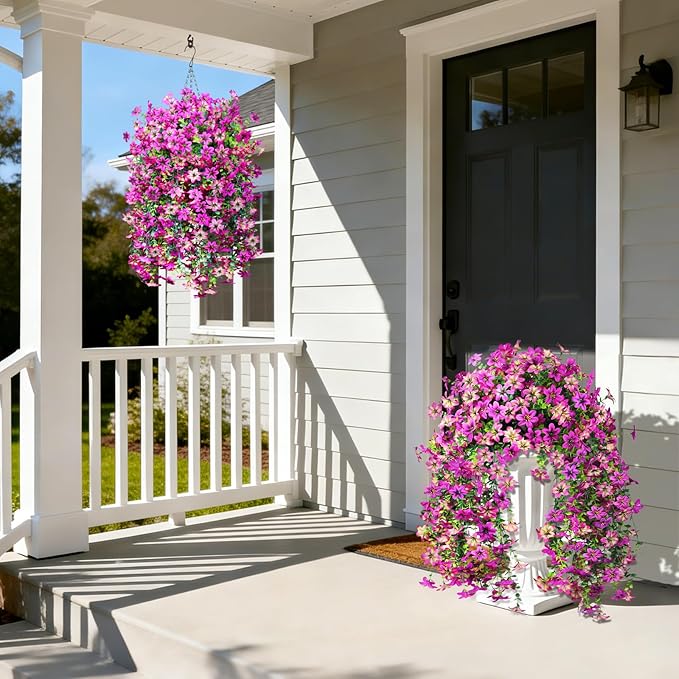 INQCMY Artificial Hanging Flowers Decoration, 4pcs Fake Floral Basket Plants for Outdoor Porch, Faux Shrubs Home Spring Decor UV Resistant Potted Violets for Outside Garden No Fade