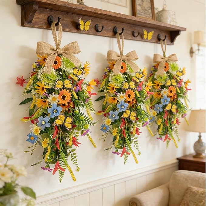 2 PCS 24'' Spring Summer Floral Teardrop Swags for Front Door Artificial Sunflowers Daisy Teardrop Swags Lavender Butterfly Swag Wreath Eucalyptus Hanging Swag for Farmhouse kitchen Cabinet Home Decor