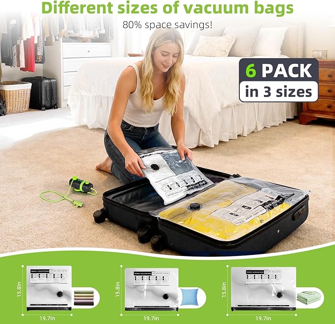 Vacuum Bags for Travel - USB Electric Pump, 6 Pack Carry-on Size Vacuum Seal Bags for Clothing - Space Saver Vacuum Storage Bags for Luggage, Travel Essentials.