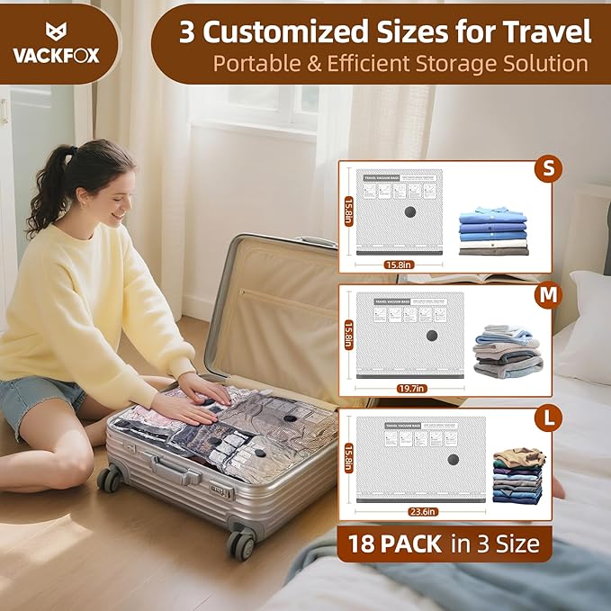 18 Pack Vacuum Travel Bags for Clothing with Electric Pump,Vacuum Seal Bags for Travel and Luggage Suitcase Backpack, Vacuum Bags for Clothes,Vacuum Bag with Electric Pump for Vacation Cruise