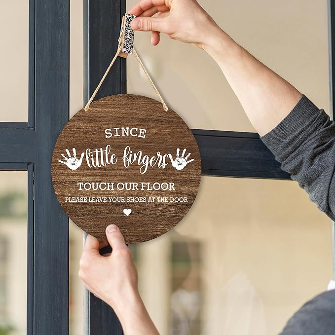 Wall Pediments Shoes Off Sign,Shoes Off Sign for Front Door,Since Little Fingers Touch Our Floor Door Sign,Please Take Your Shoes Off Sign,9.8x9.8 Inches（01）
