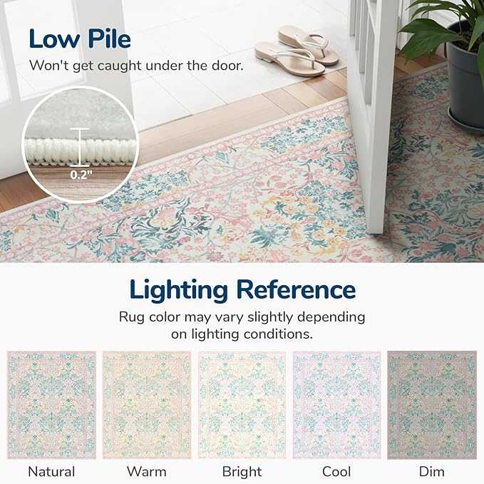 Lessymo Floral Washable Area Rugs 6x9, Soft Pink Rugs for Living Room Bedroom Nursery Dining Room, Vintage Carpet Mat Low Pile Non Slip Stain Resistance Distressed Retro Indoor, Pink Green