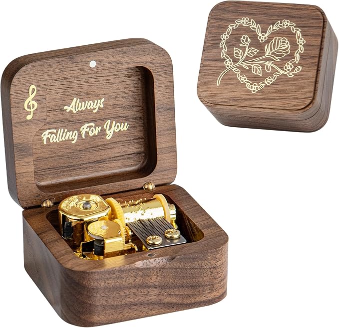 Cant Help Falling in Lov Wind Up Wooden Music Box, Vintage Musical Gifts for Birthday Christmas Valentine's Day Anniversary (Walnut)