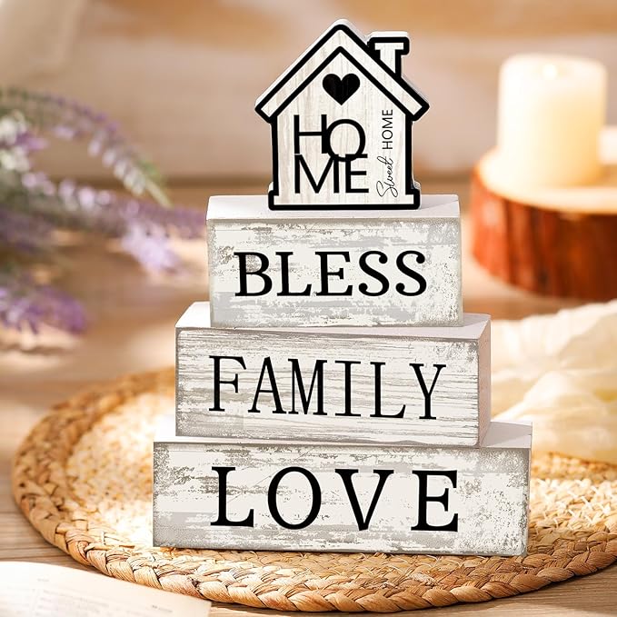 Yuntau 4 Pcs Farmhouse Wooden Tabletop Decor Sweet Home Tiered Tray Decor Rustic Retro Wood Bless Family Love Block Sign Gift Neutral Centerpiece Farmhouse Table Sign for Home Shelf Mantle