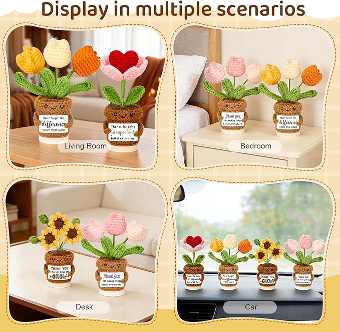 4 Pcs Thank You Gifts for Women, Positive Crochet Sunflower Tulip Heart Potted Plant Flower Dolls with Card Wooden Stands and Box, Teacher Employee Appreciation Gifts, Mothers Day, Birthday Gift