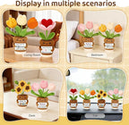 4 Pcs Thank You Gifts for Women, Positive Crochet Sunflower Tulip Heart Potted Plant Flower Dolls with Card Wooden Stands and Box, Teacher Employee Appreciation Gifts, Mothers Day, Birthday Gift