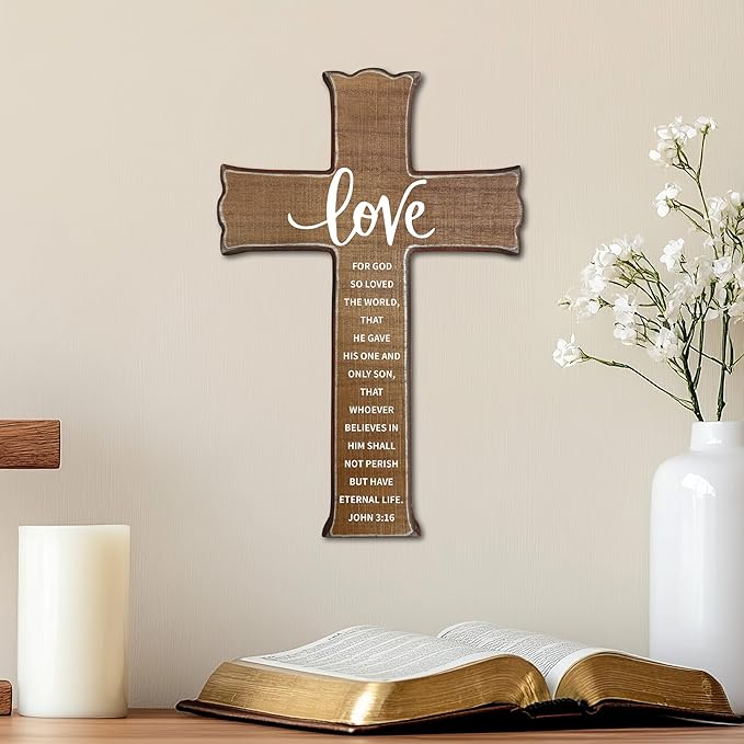 dsjaidh Cross Wall Decor - Wood Color Scripture Wooden Cross For Wall - Rustic Wooden Hanging Signs Christian Easter Decor for Home Office Church Baptism - Christian Gifts for Men Women (Love)- A03
