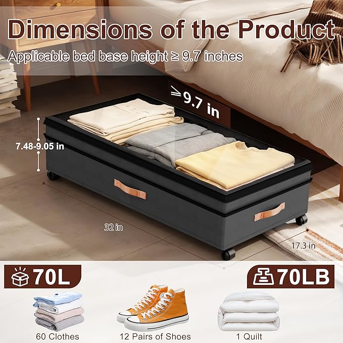 Under Bed Storage with Wheels - 2Pack 70L UnderBed Storage Containers with Clear Lid & Label, Rolling Under Bed Storage Bins for Clothes, Shoes, Blankets (XXL,Black)