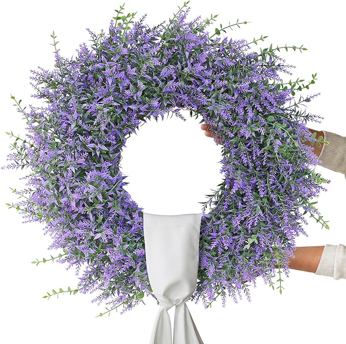 26" Artificial Lavender & Eucalyptus Wreath with Sash for Front Door, Porch, Window - Large Greenery Outdoor Wreath for Home, Farmhouse Decor - Spring, Summer, All Seasons (Purple)