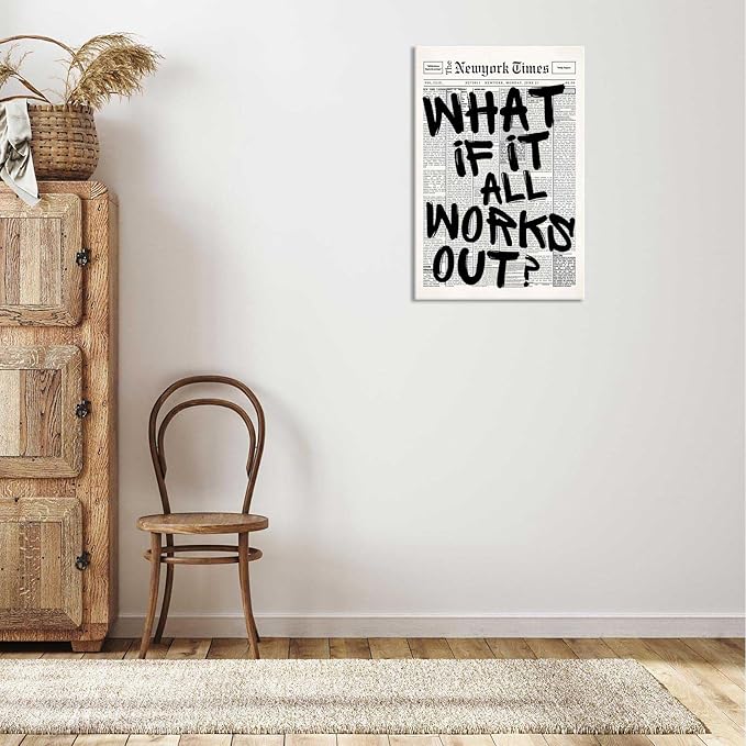 Drimiler Retro Black And White Newspaper Poster What If It All Works Out Canvas Wall Art Positive Affirming Quote Minimalist Prints Painting For Home Bedroom Dorm Wall Decor 12x16in Wframed