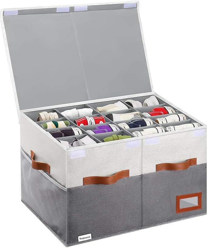 Shoe Organizer for Closet, Foldable Shoe Storage Bins with Lid & Adjustable Dividers, Fabric Shoe Box Storage Containers with Four Reinforced Handles, Fits 16 Pairs, 1 Pack, Grey