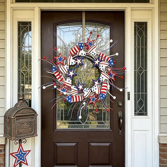 AMF0RESJ 4th of July Wreath Patriotic Wreaths for Front Door with red,White,Blue Glitter Star for Front Door Farmhouse Home Wall Independence Day Decoration