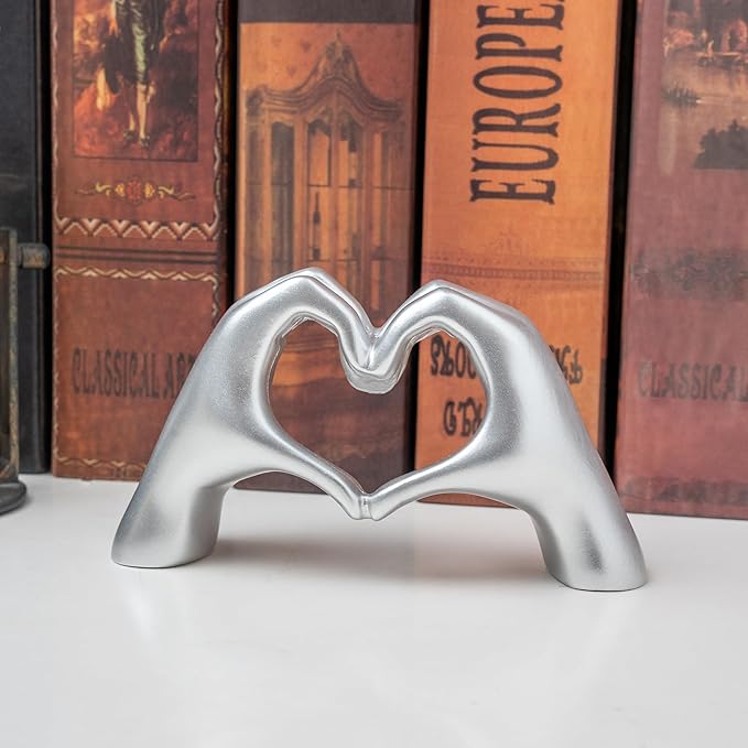 Small Heart Hands Sculpture Decor for Living Room Bedroom Bookshelf Coffe Table and Office Display, Love Finger Statue Modern Aesthetic Home Decor, Unique Gift for Wedding Christmas Birthday (Silver)