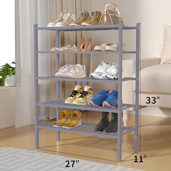5 Tier Bamboo Shoe Rack for Closet Free Standing Wood Shoe Shelf for Entryway Small Space Stackable 27"x11"x33" (Grey)