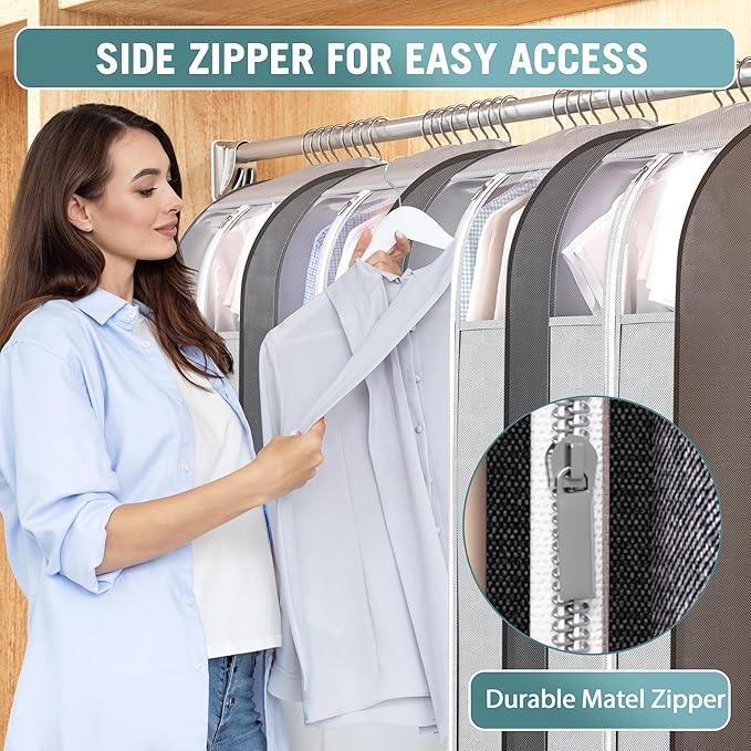 10" Gusseted Garment Bags for Hanging Clothes with clear window, 60" Suit Bags for Open Closet Storage, Clothing Cover for Coat, Dress, Jacket, Shirt, Fur Wardrobe Protector, 4 Packs